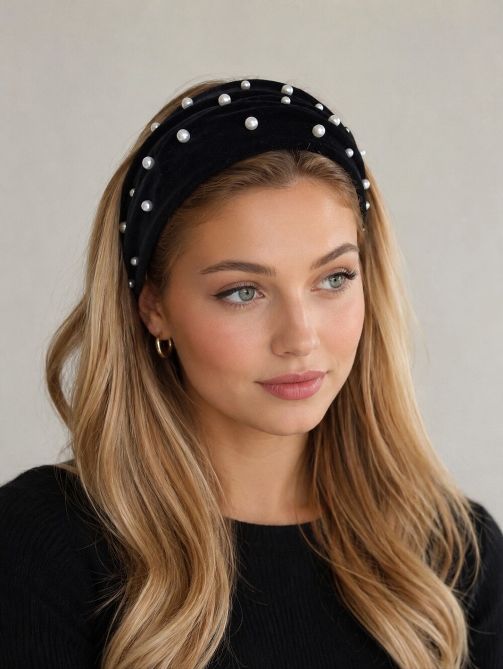 Pearl studded headband, black faux suede and white Pearl turban headband